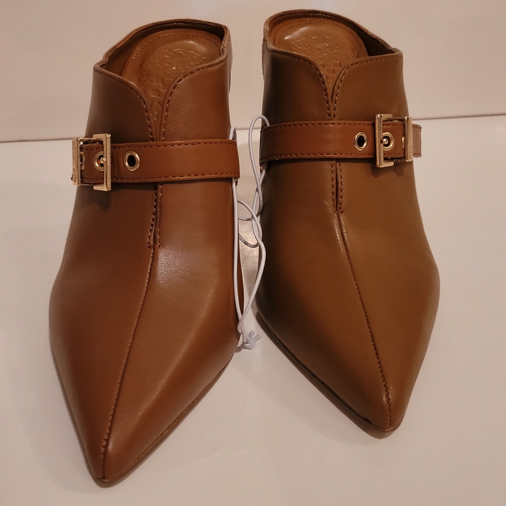 (NWOT) VINCE CAMUTO Leather Mules, 3.5 in. Heels, Sz 5.5, Brown